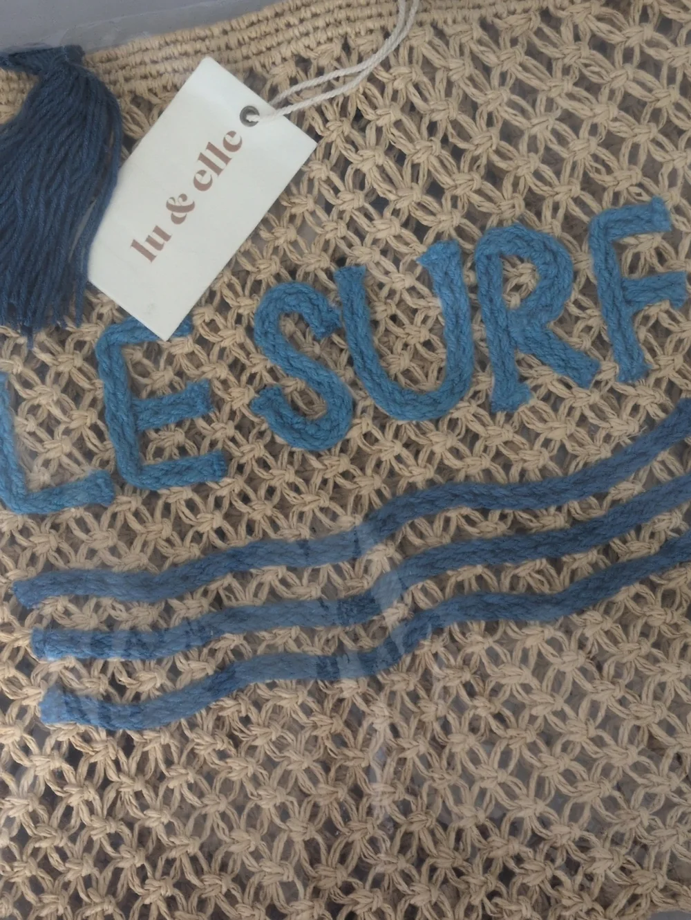 Lu & Elle ‘Le Surf’ Raffia Tote Bag with Blue Handles and Embroidery NWT